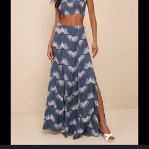 Lulu's Blue and White Maxi A-Line Skirt with Matching Crop Top